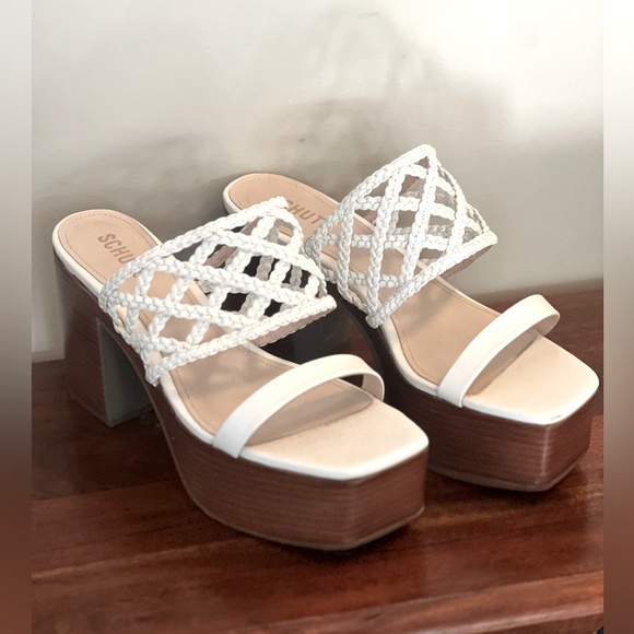 Schultz Shoes Wooden Wedge Platform Sandals in White Leather. Size 9.5 - Picture 1 of 7